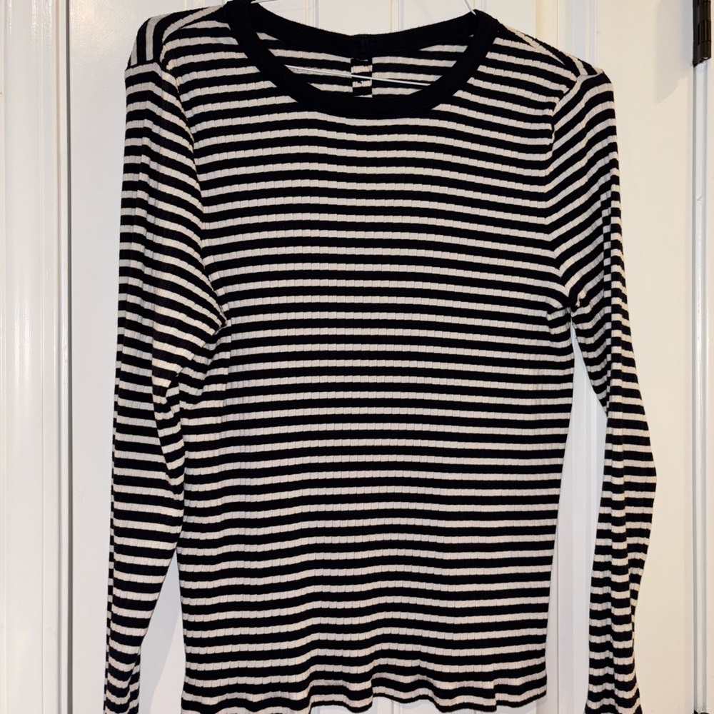 Talbots Navy Blue and White Striped Long Sleeve Top